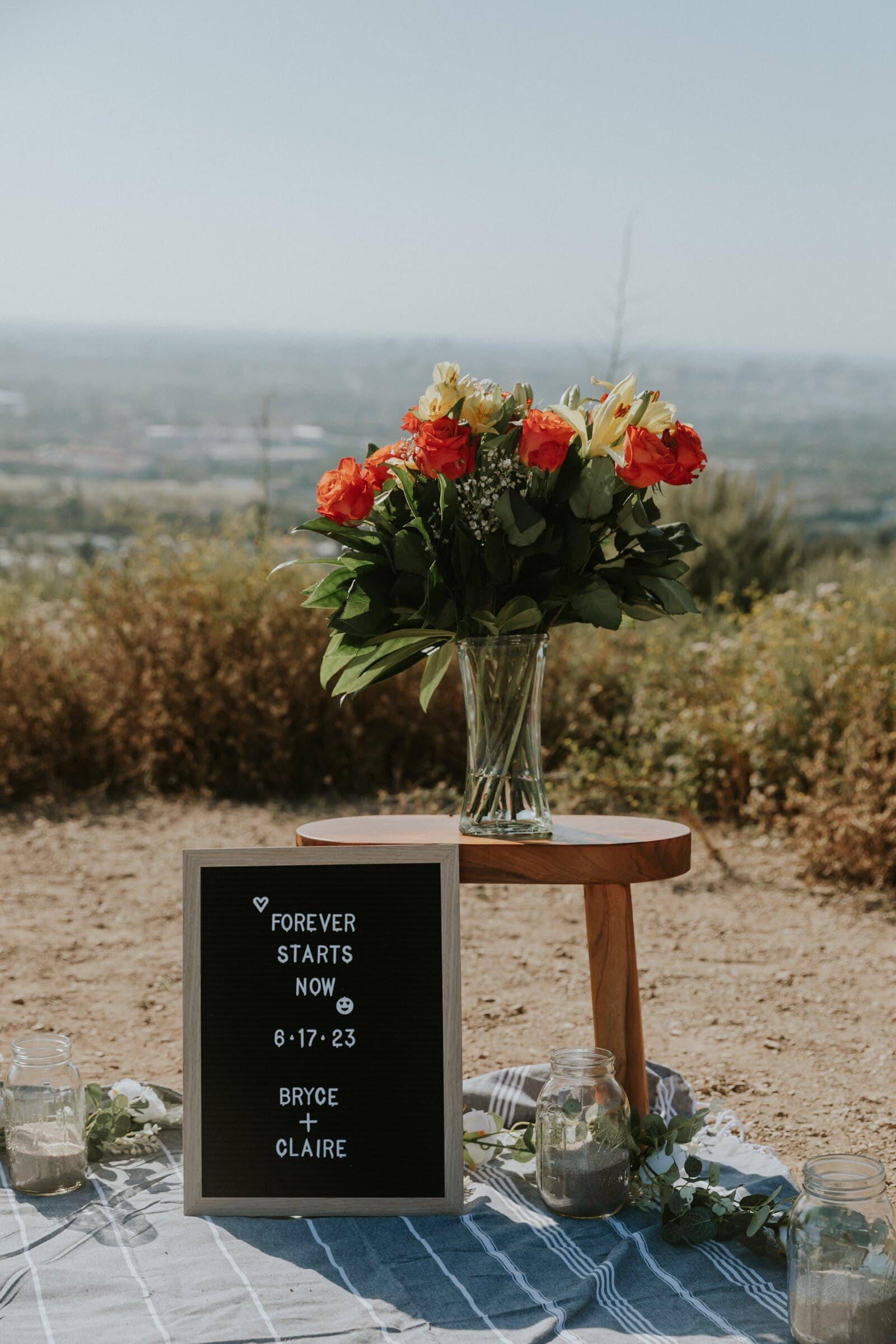 A letter board reading "Forever starts now" beside red flowers on a hilltop
