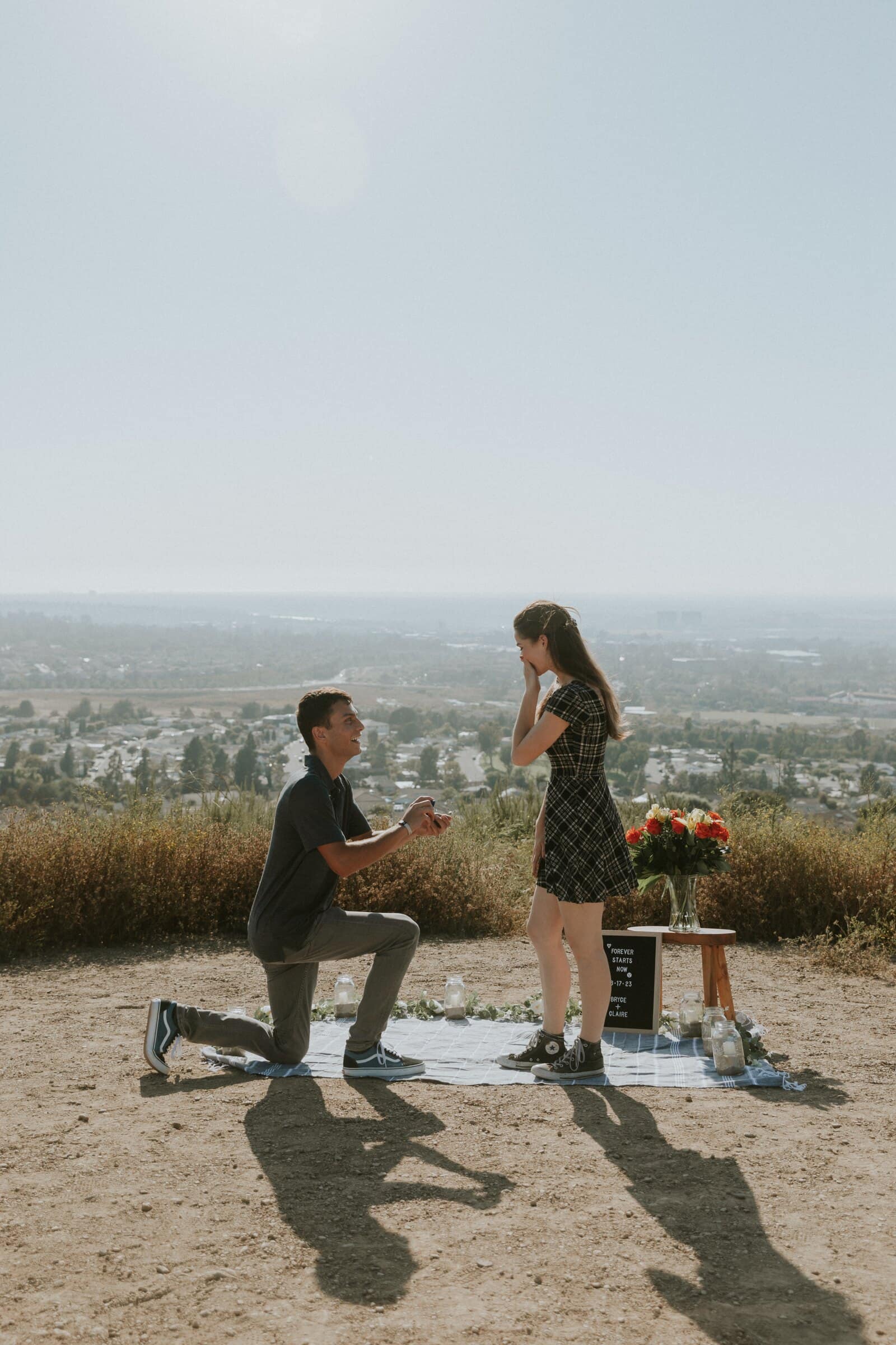 Bryce on one knee before Claire on a hilltop overlooking the city