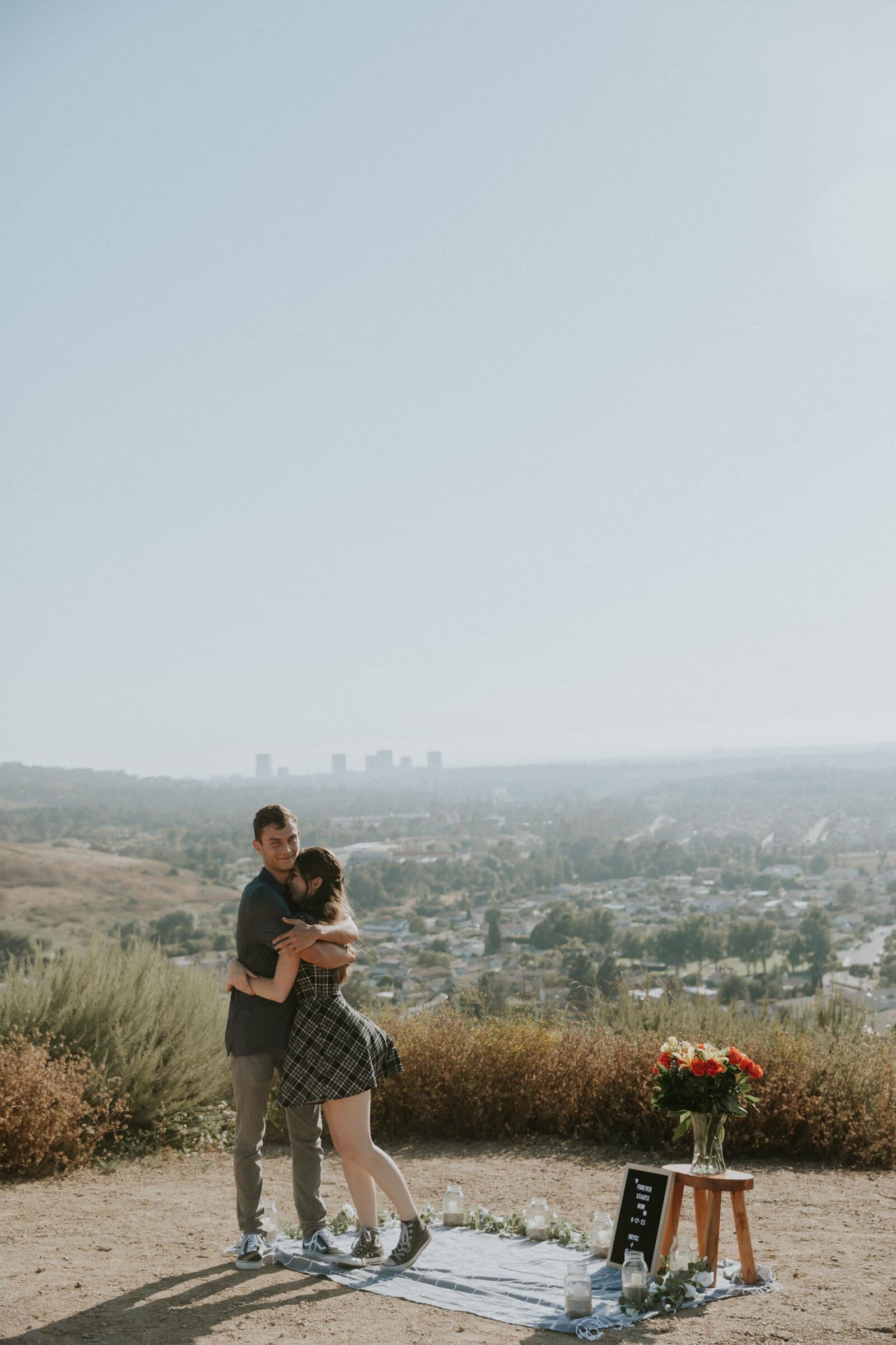 Bryce and Claire embracing with the city spread out below