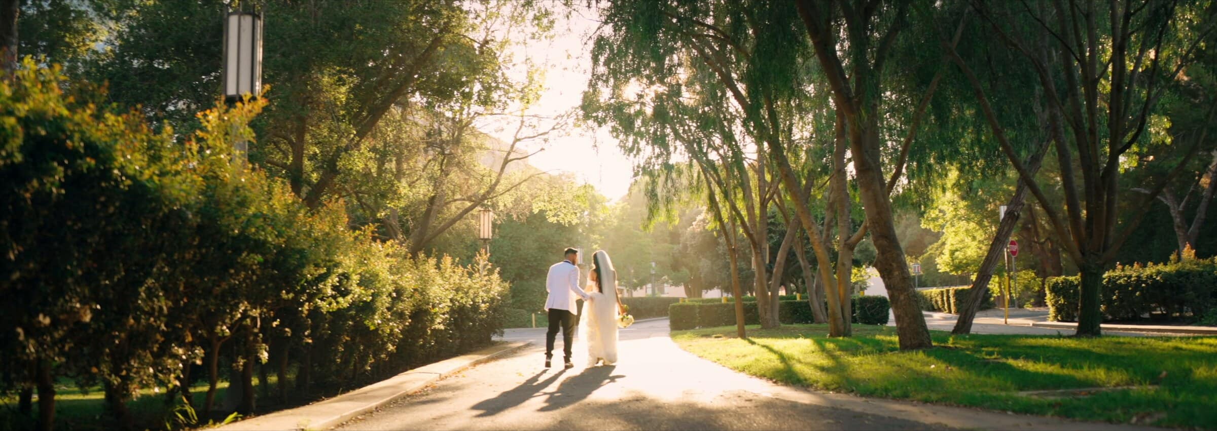 Rubi and Francis walking down a tree-lined path in golden light